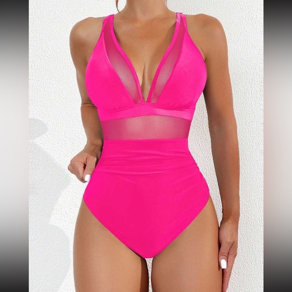 Luxe hot pink mesh insert one piece swimsuit